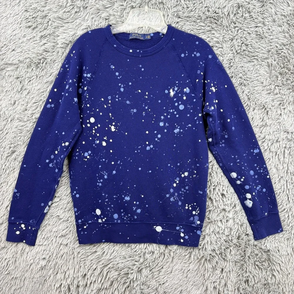 Polo Ralph Lauren Sweatshirt Mens Small Crewneck Paint Splatter Navy Blue Rare